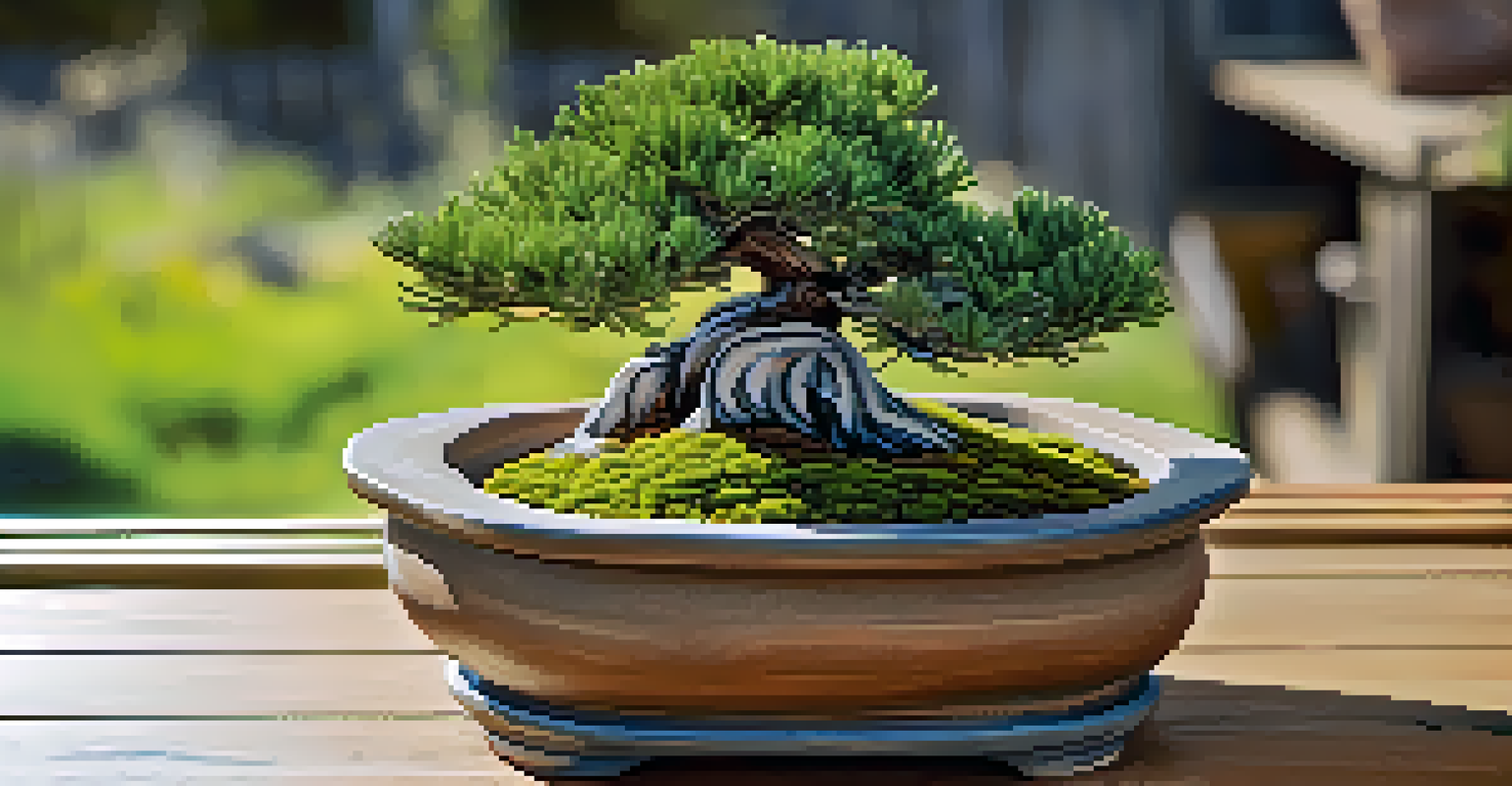 A close-up of a Juniper bonsai tree in a ceramic pot, thriving in sunlight with a blurred garden background.