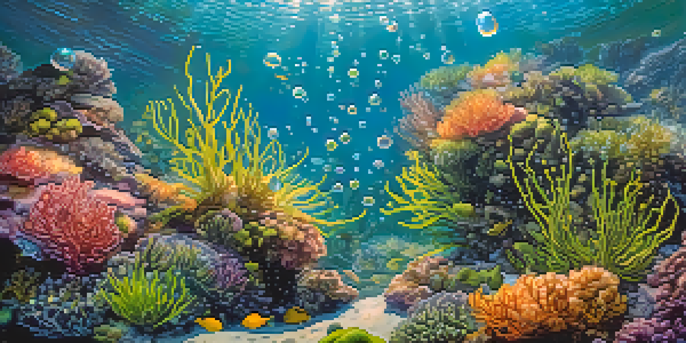 An underwater scene featuring diverse algae with sunlight filtering through the water, highlighting their textures and colors.