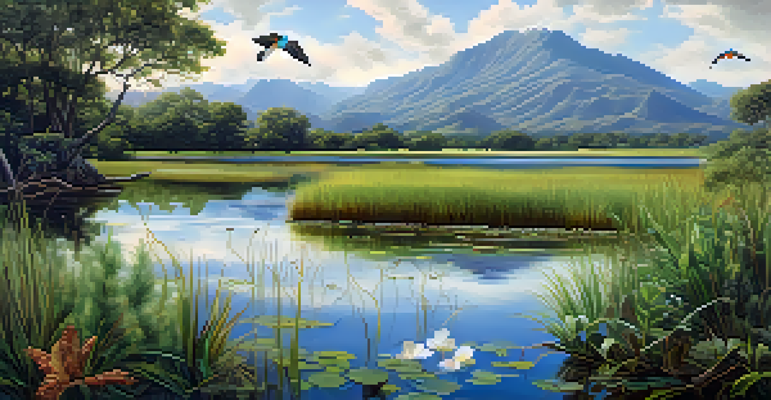 A peaceful wetland filled with diverse plants and wildlife, reflecting nature's beauty and its role in biodiversity.