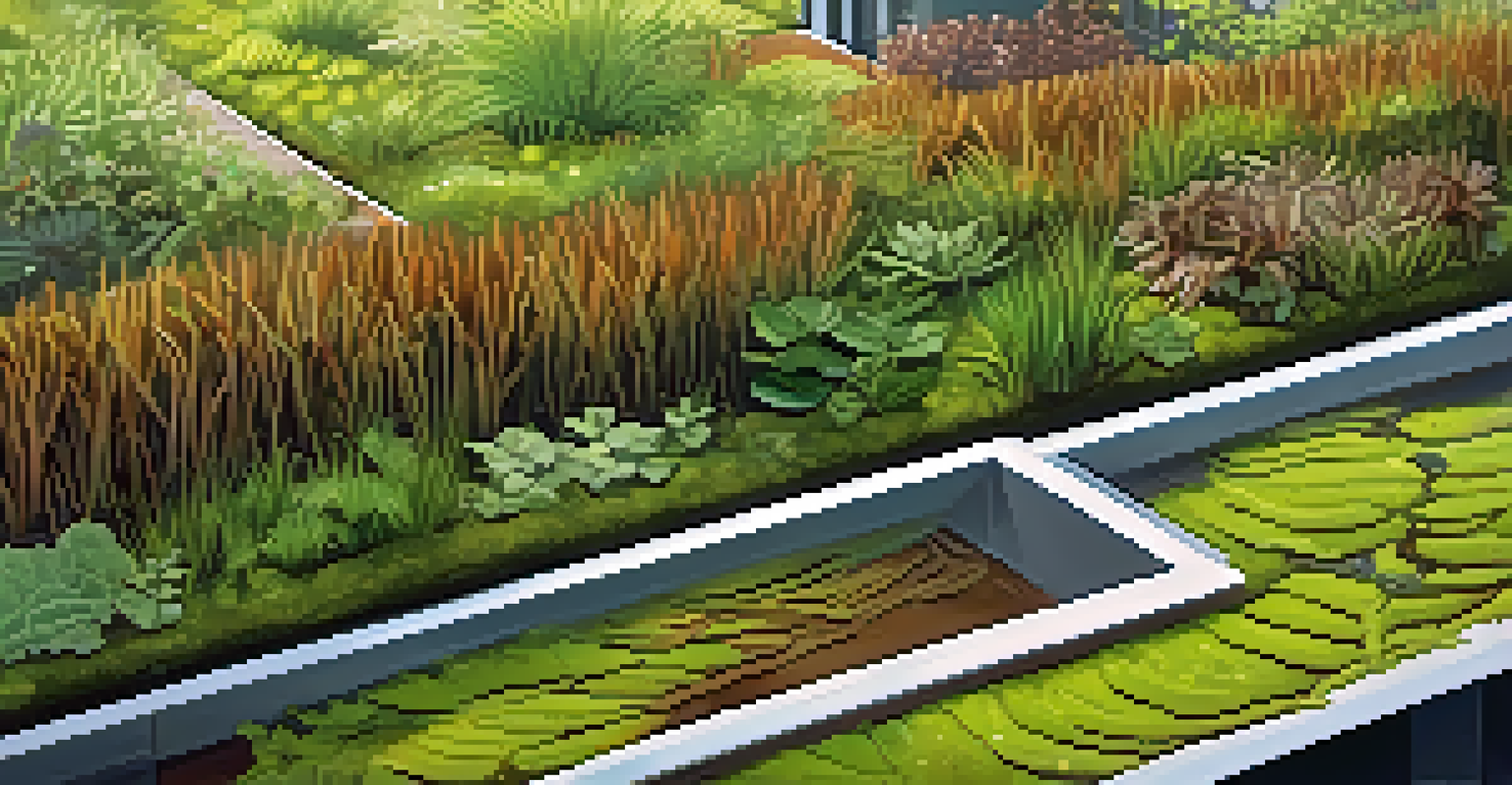 A detailed close-up of a green roof with layers of soil and various plants, showing water droplets and small insects on the vegetation.