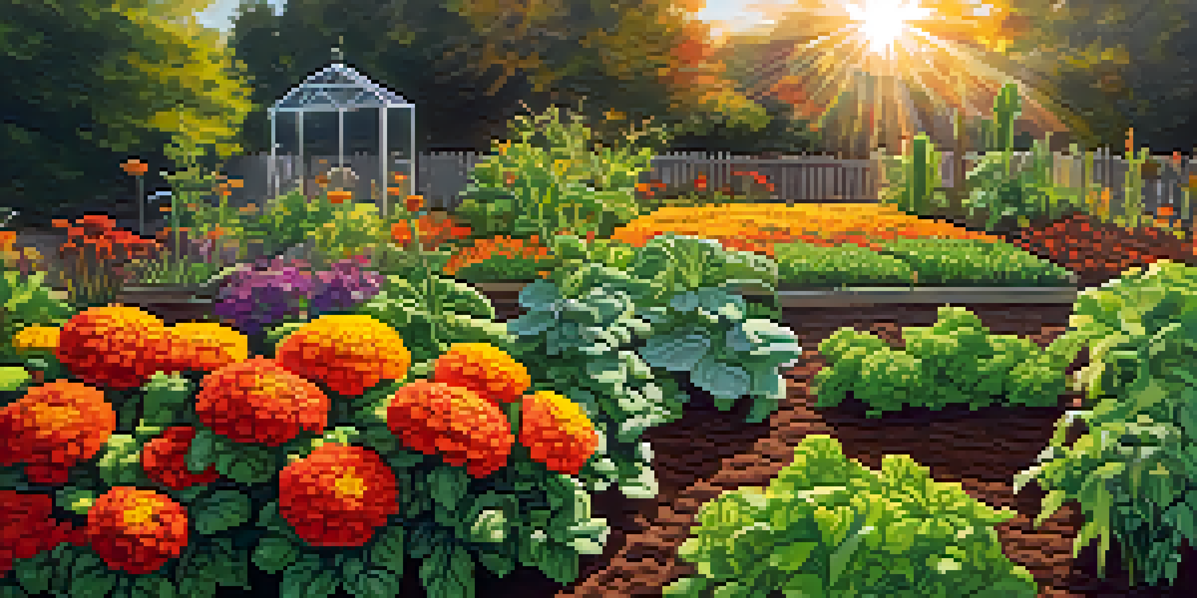 A colorful organic garden with basil and tomatoes growing together, surrounded by marigolds and leafy greens, under warm sunlight.