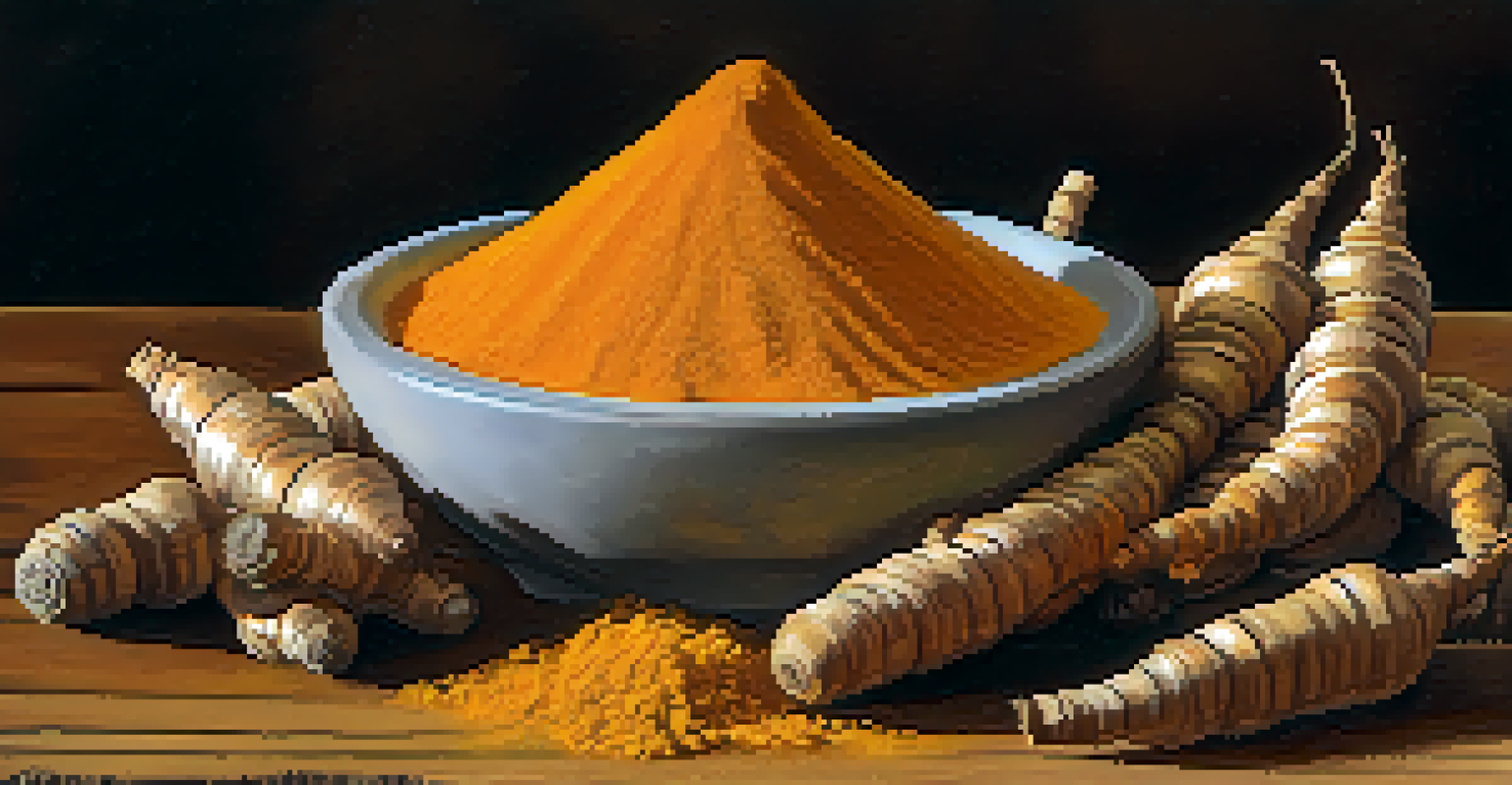 A close-up of turmeric roots and powdered turmeric on a rustic wooden background, highlighting their textures and colors.