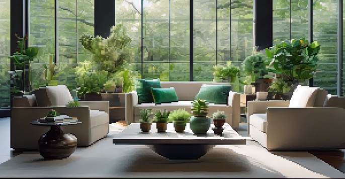 A modern living room with various succulents displayed in creative containers on a coffee table, illuminated by natural light from large windows.