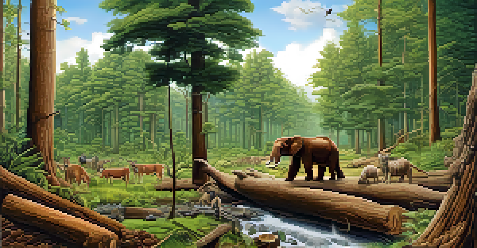 A split image showing a vibrant forest on one side and a barren, deforested landscape on the other, highlighting the effects of deforestation.