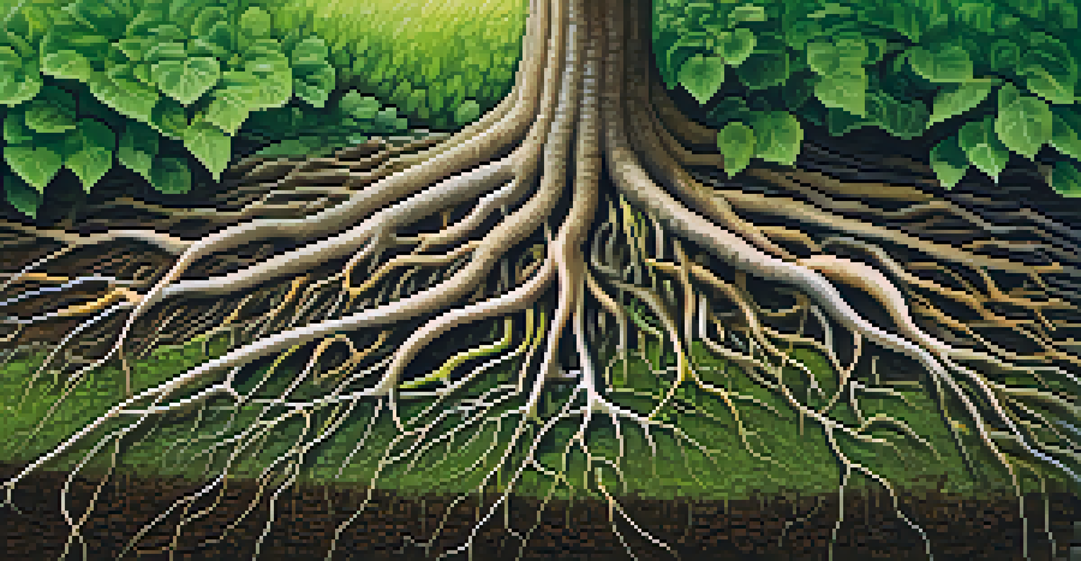 A detailed close-up of a plant's roots with mycorrhizal fungi extending into the soil, showcasing their symbiotic relationship.