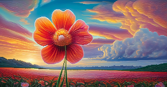 A large, colorful flower melting against a surreal sunset background with swirling clouds.