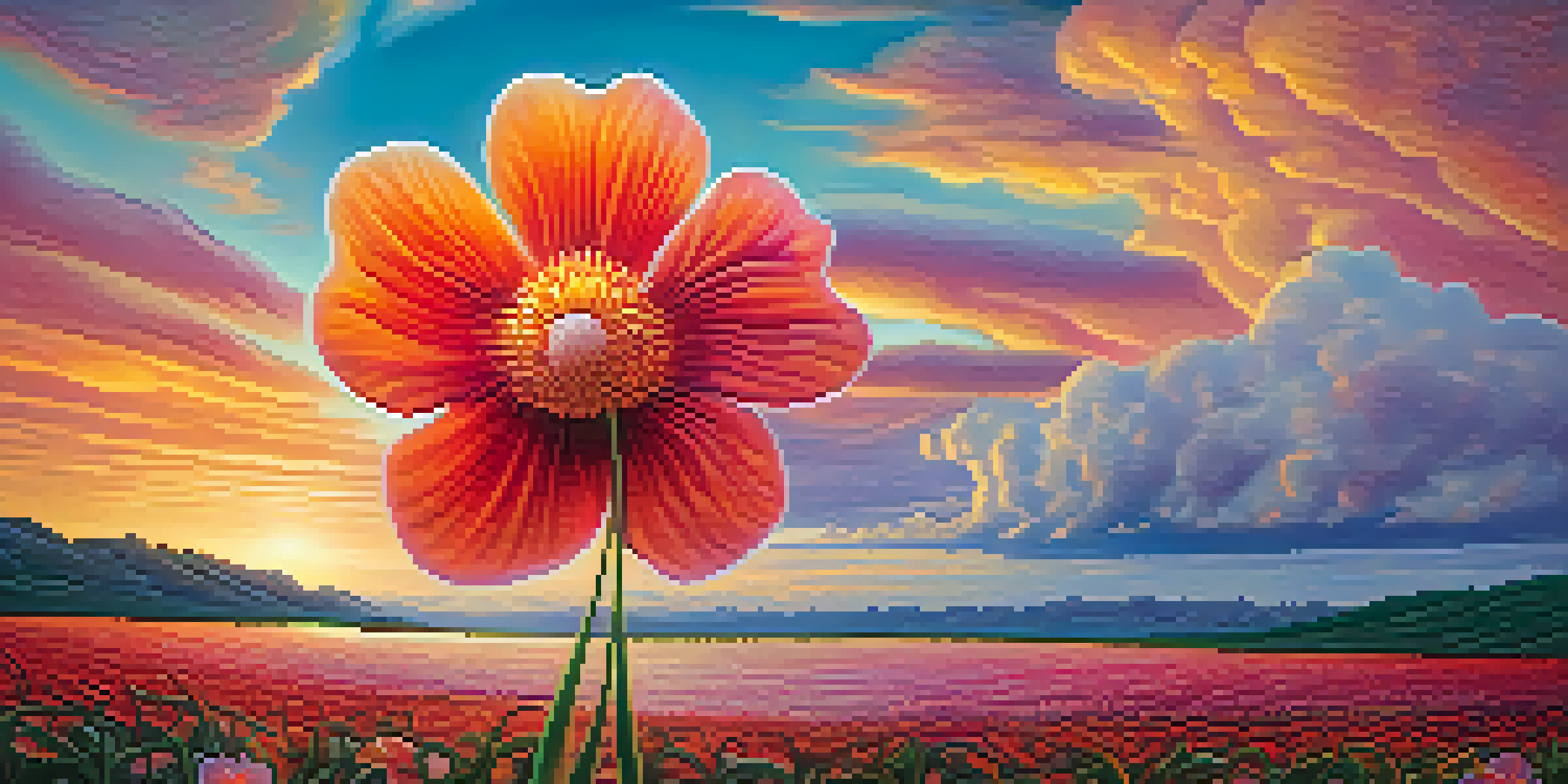 A large, colorful flower melting against a surreal sunset background with swirling clouds.