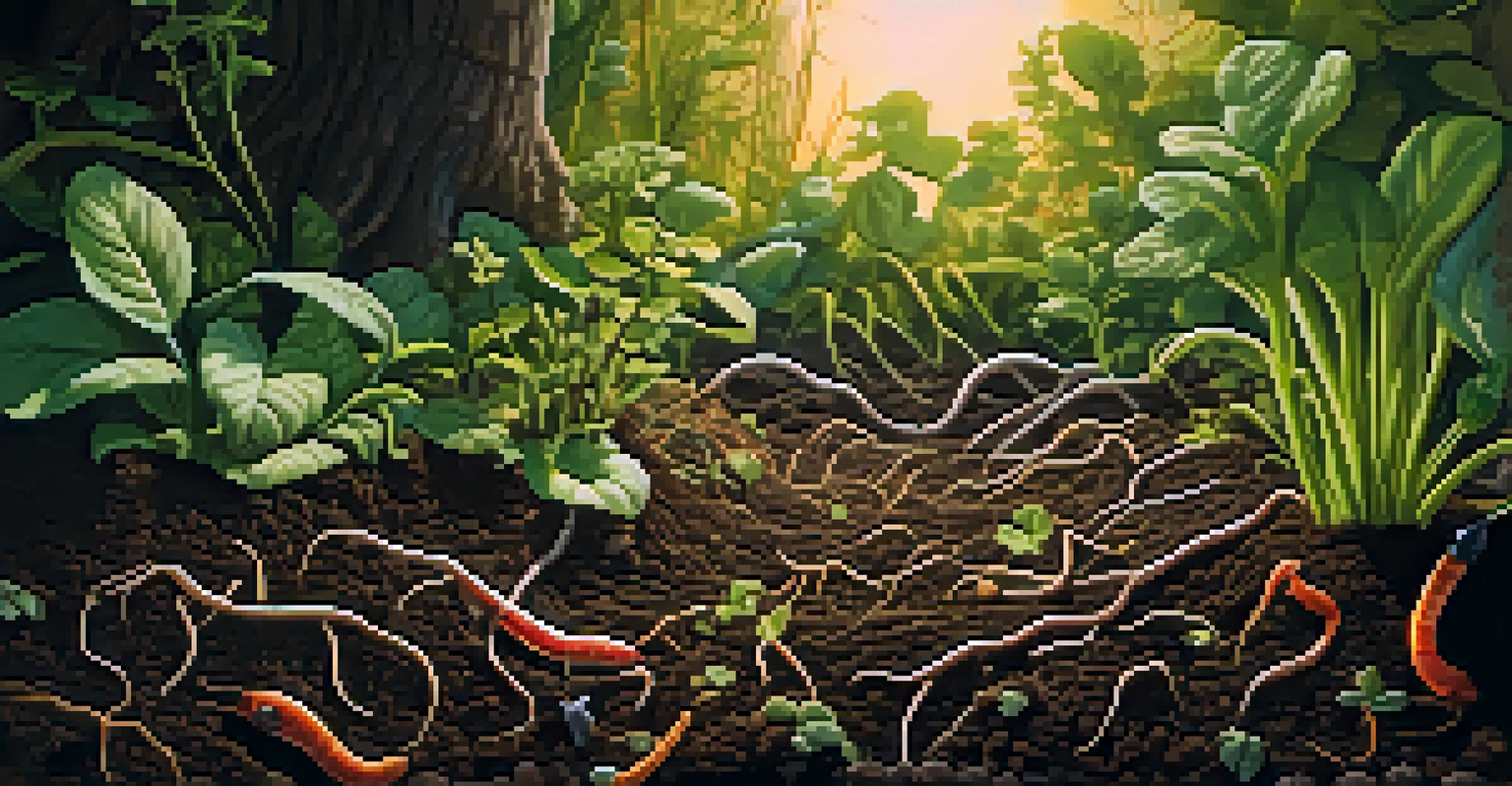 A close-up of healthy, rich soil filled with earthworms and small plant shoots.