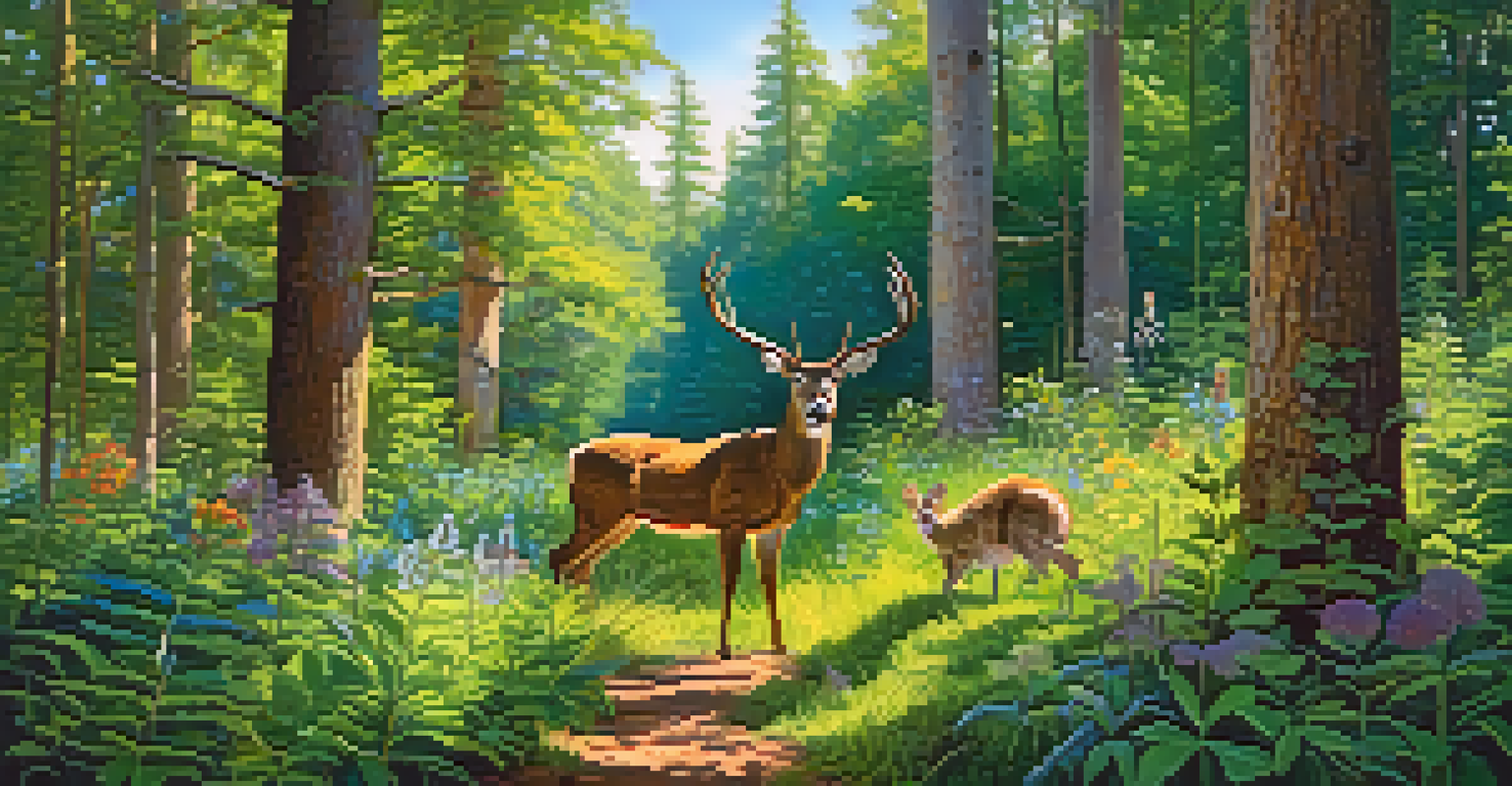 A colorful forest filled with various plants and flowers, sunlight filtering through the trees and small animals on the ground.