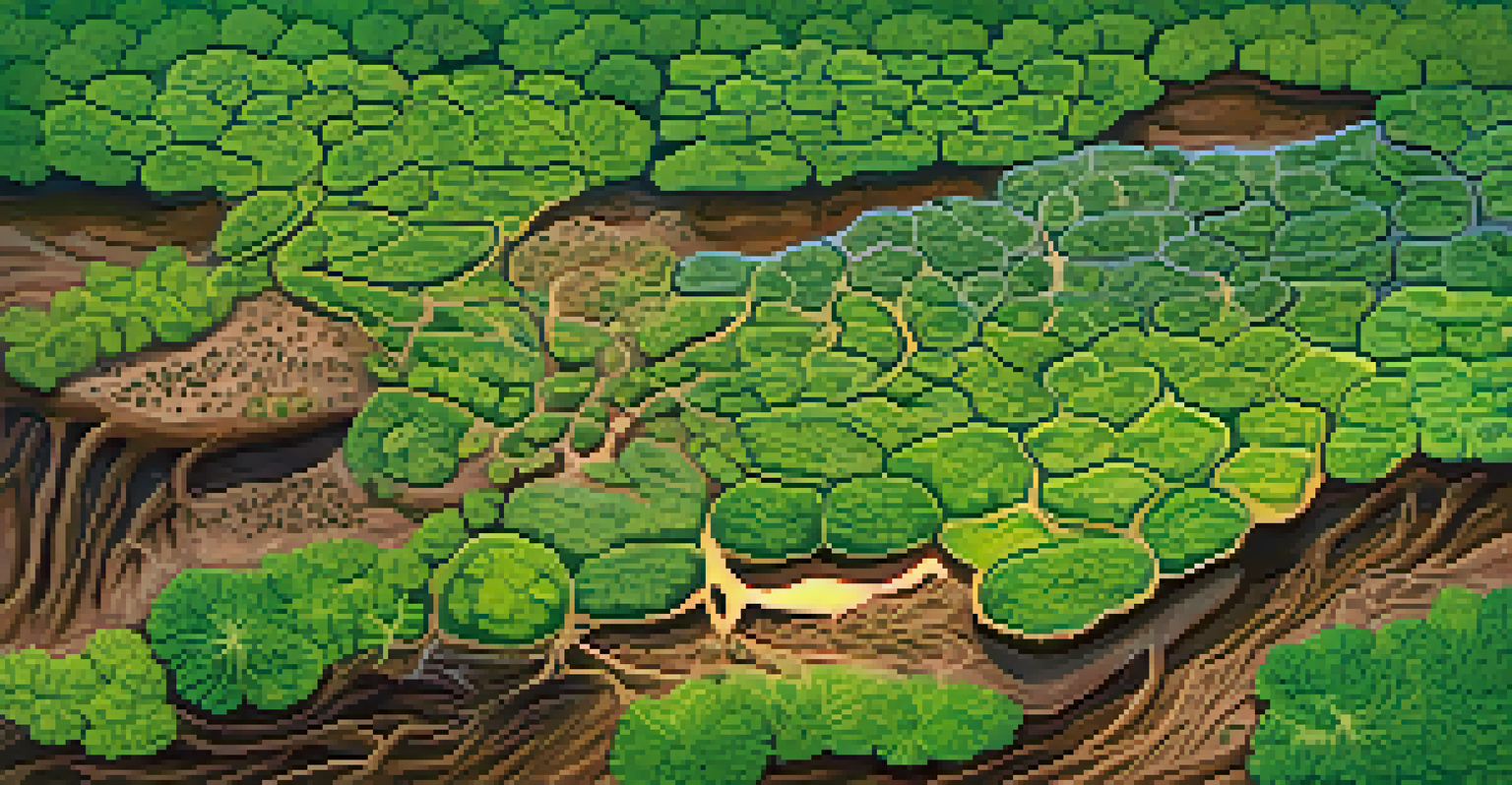 An aerial view of a plant ecosystem showing diverse root systems in soil, with lush green foliage above under bright sunlight, emphasizing the interaction between roots and soil.