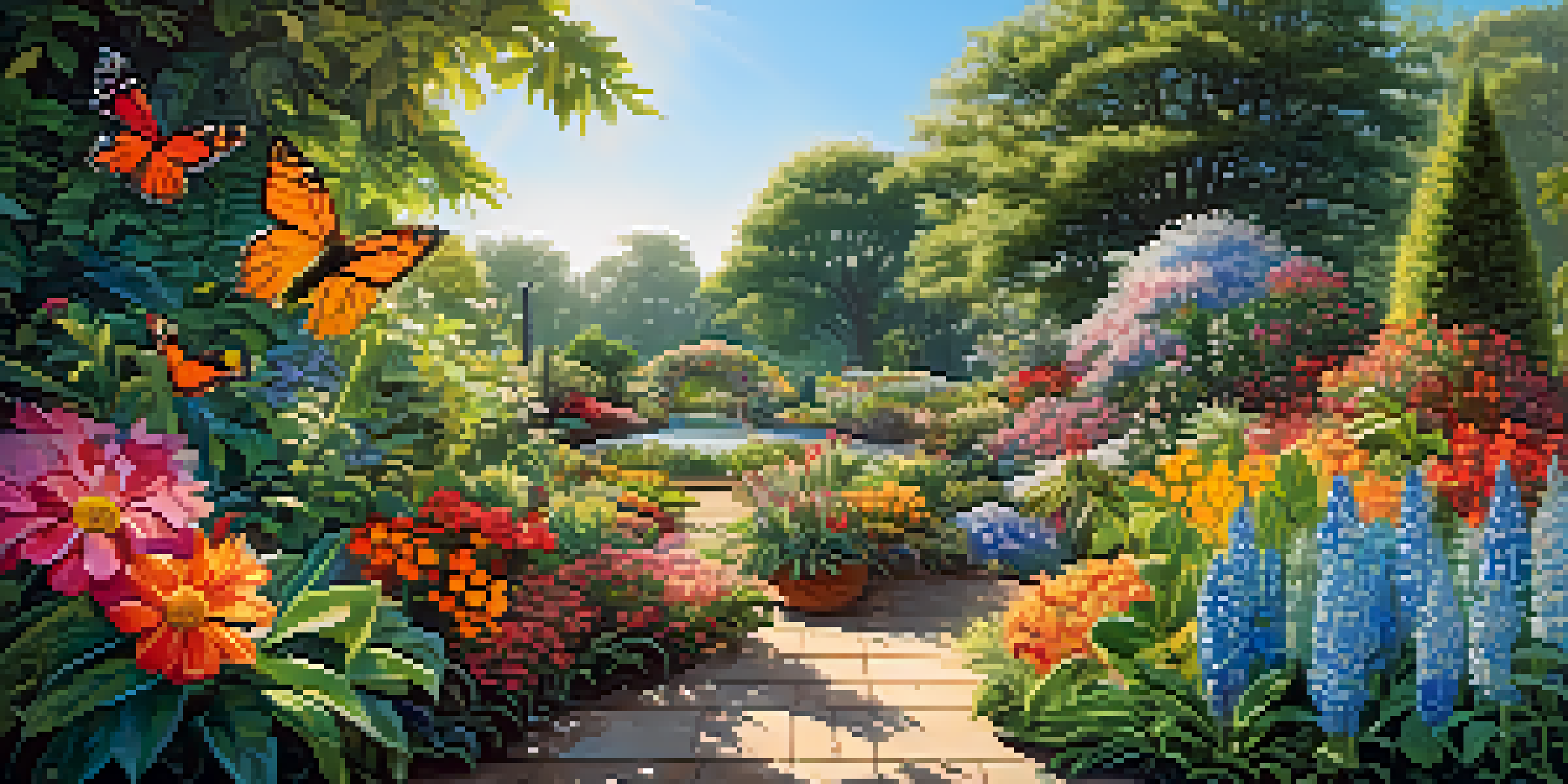 A picturesque botanical garden showcasing a variety of colorful flowers and lush greenery, with butterflies flying among the plants and sunlight filtering through the leaves.