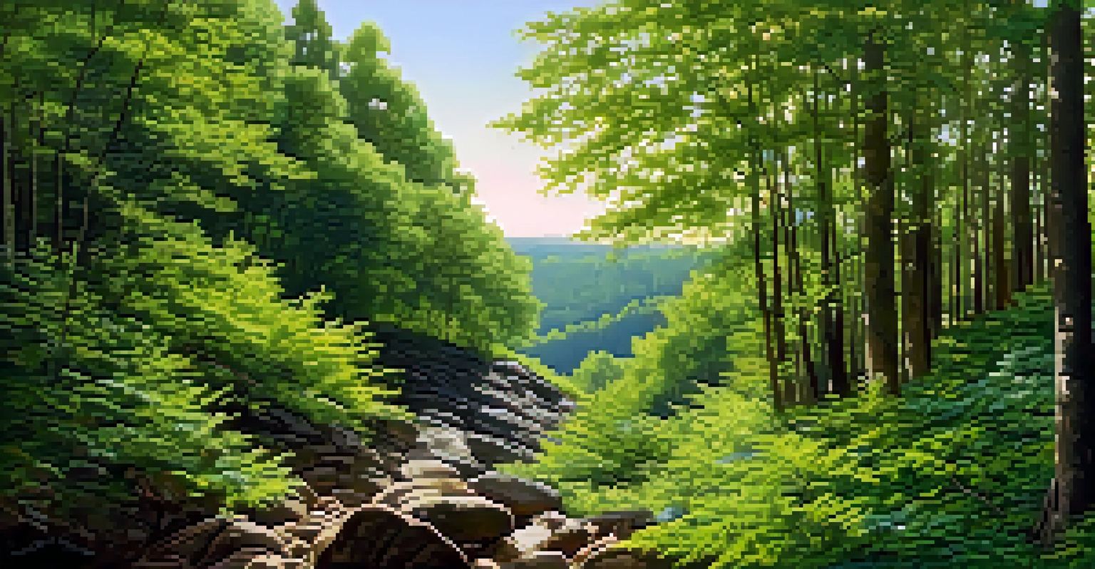A serene landscape showing a forest with trees migrating to higher ground, illustrating the transition from green foliage to rocky terrain.