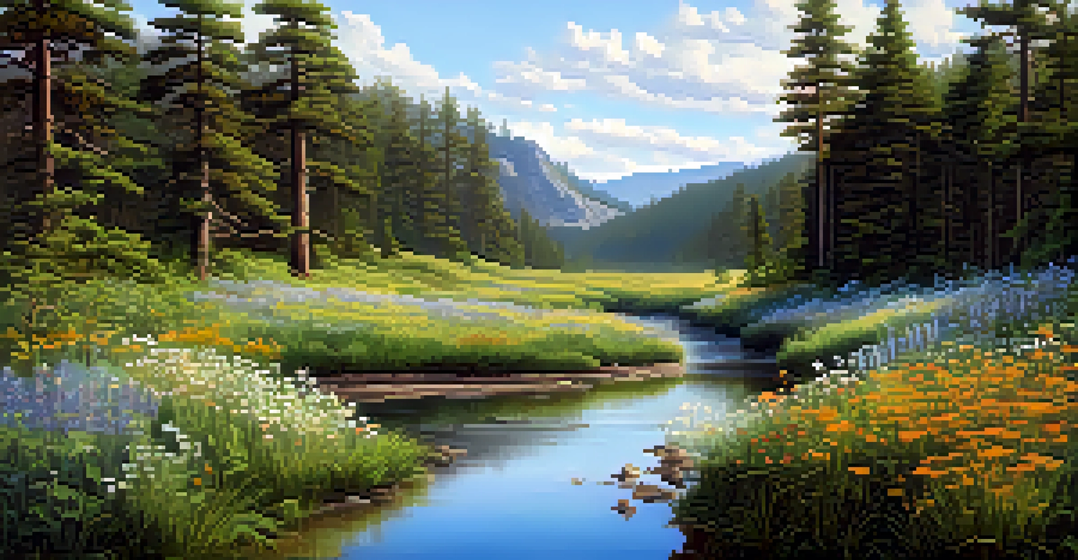 A national park landscape with wildflowers in the foreground and a dense forest in the background under a clear sky.