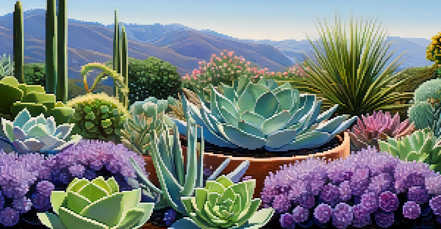 A peaceful garden scene with succulents and lavender plants in full bloom under a blue sky.