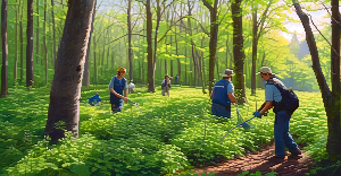 A group of volunteers working together to remove invasive garlic mustard plants in a park, surrounded by greenery and sunlight filtering through the trees.