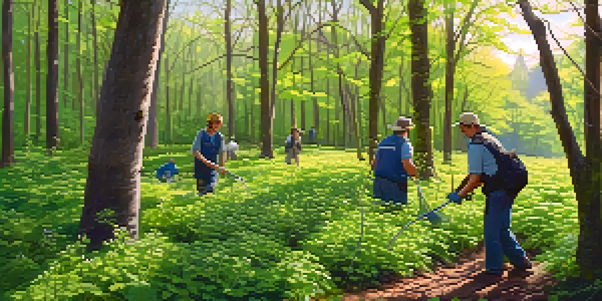 A group of volunteers working together to remove invasive garlic mustard plants in a park, surrounded by greenery and sunlight filtering through the trees.