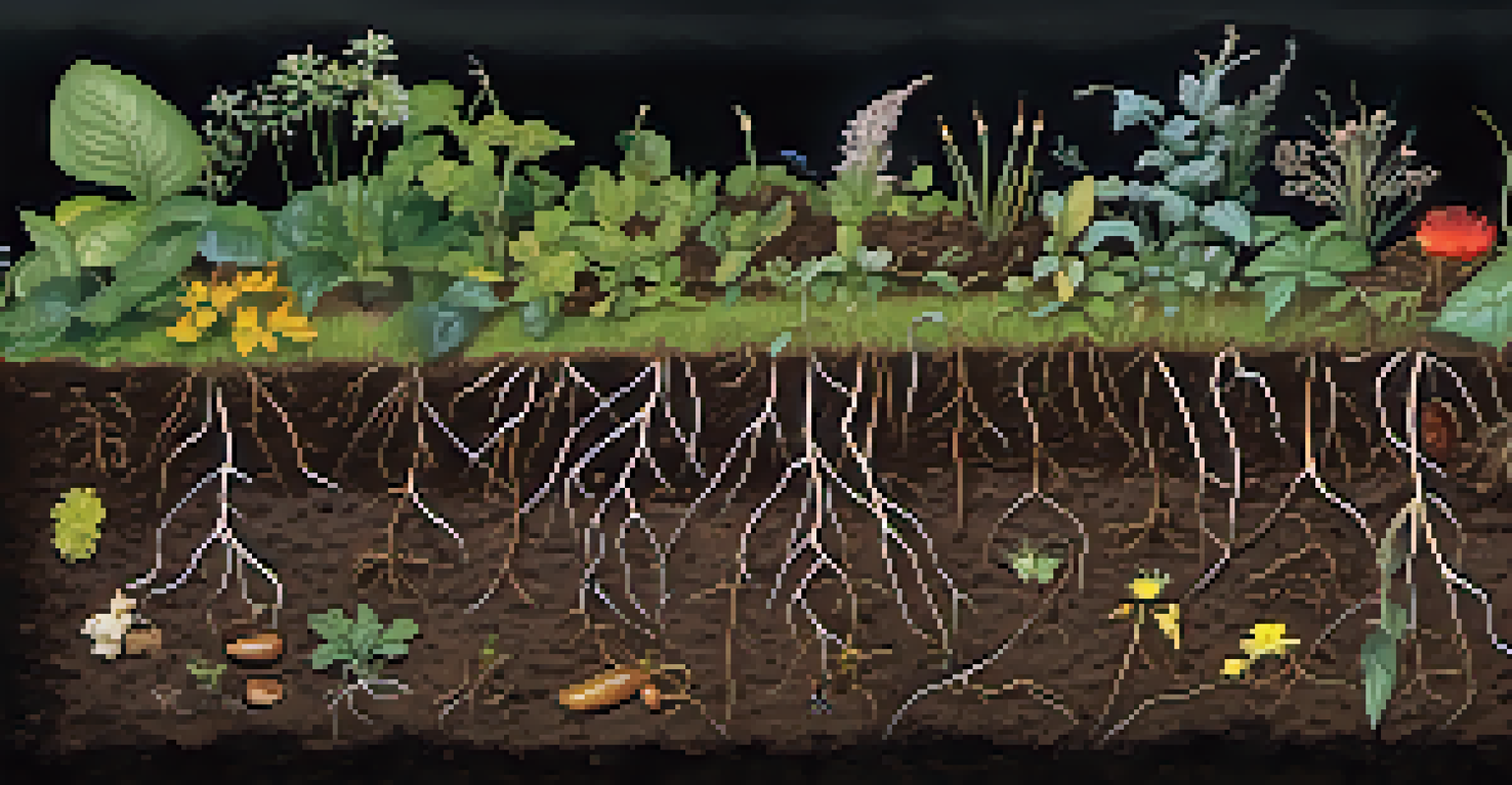A close-up view of rich, dark soil with plant roots and small insects, showcasing a healthy ecosystem.