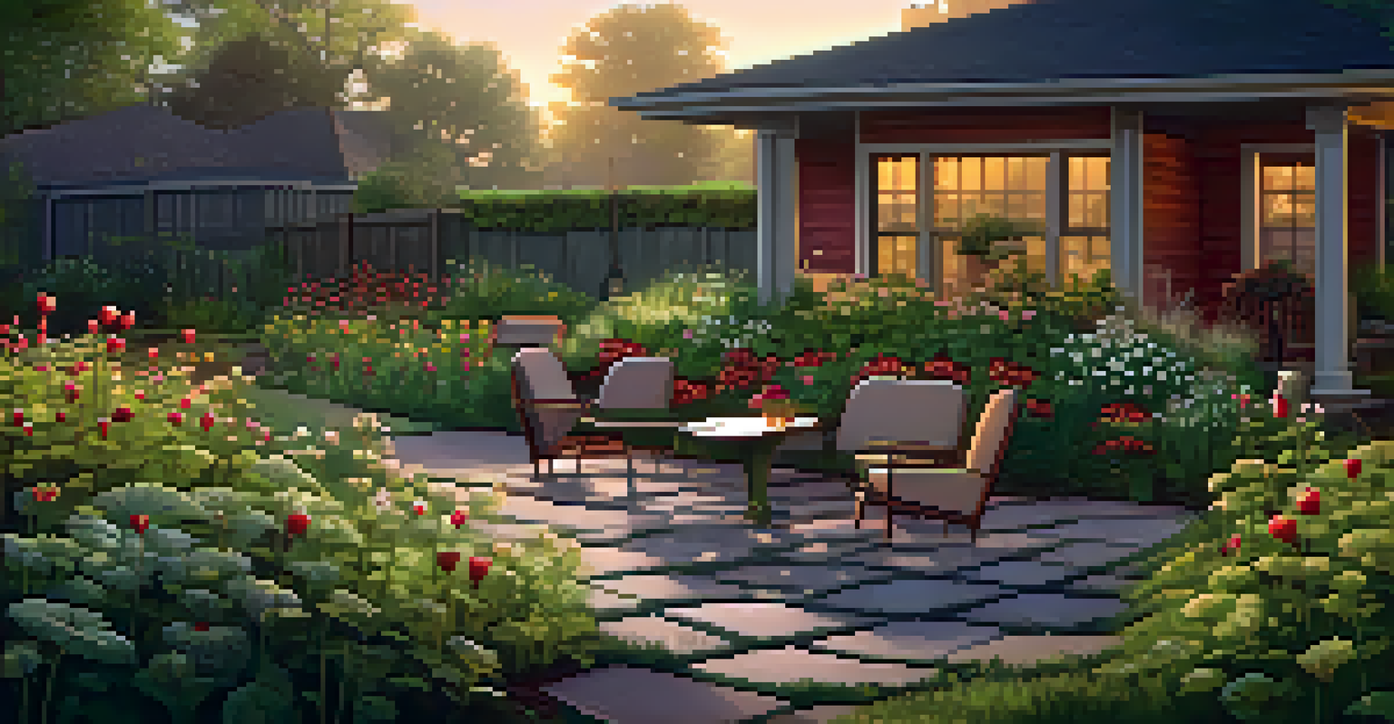 An edible landscape design with a rain garden of wild strawberries and a cozy seating area surrounded by flowering plants, illuminated by the golden hour light.