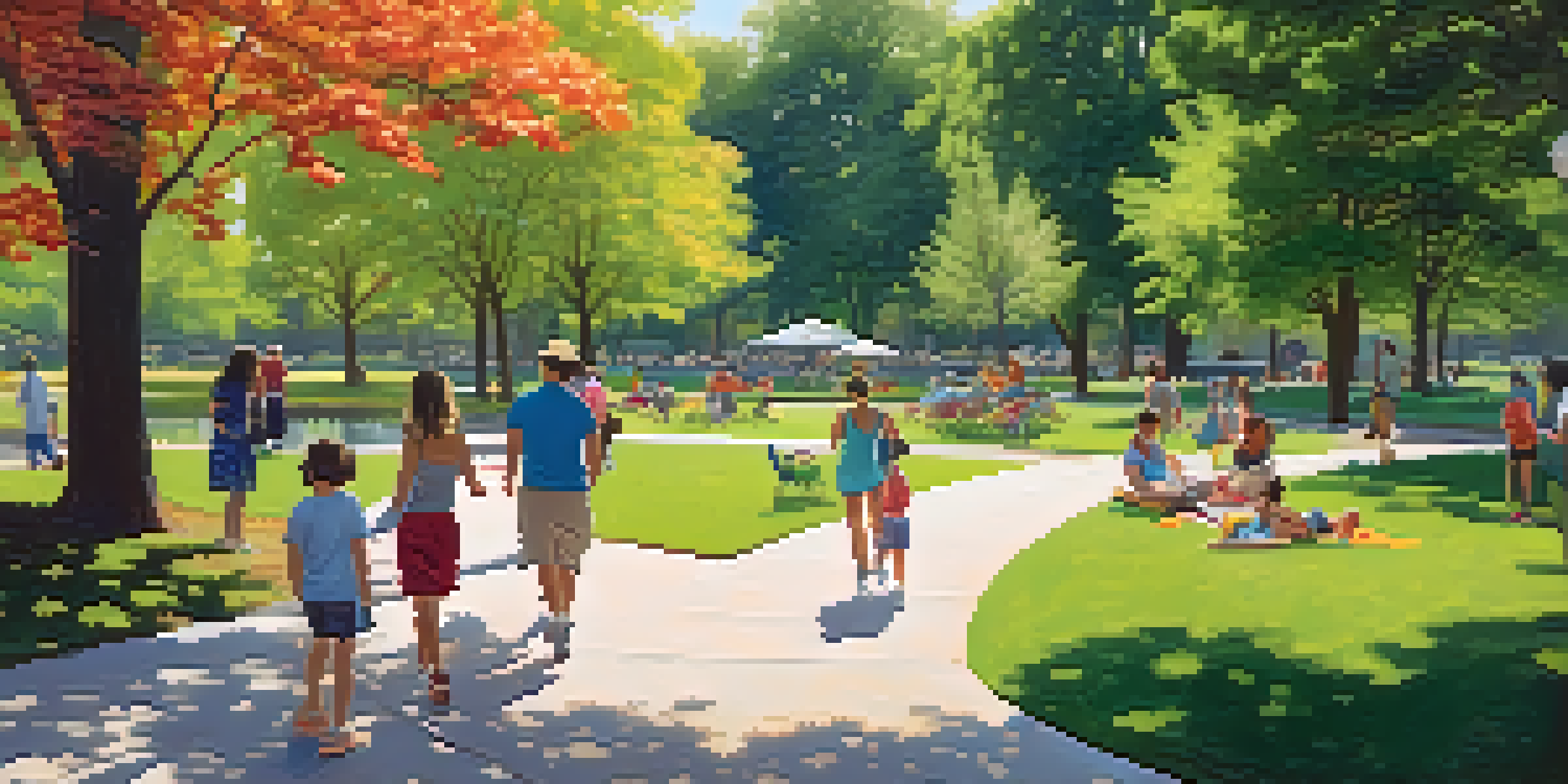 A lively urban park with various trees, flowers, and people enjoying activities like jogging and picnicking under the sunlight.