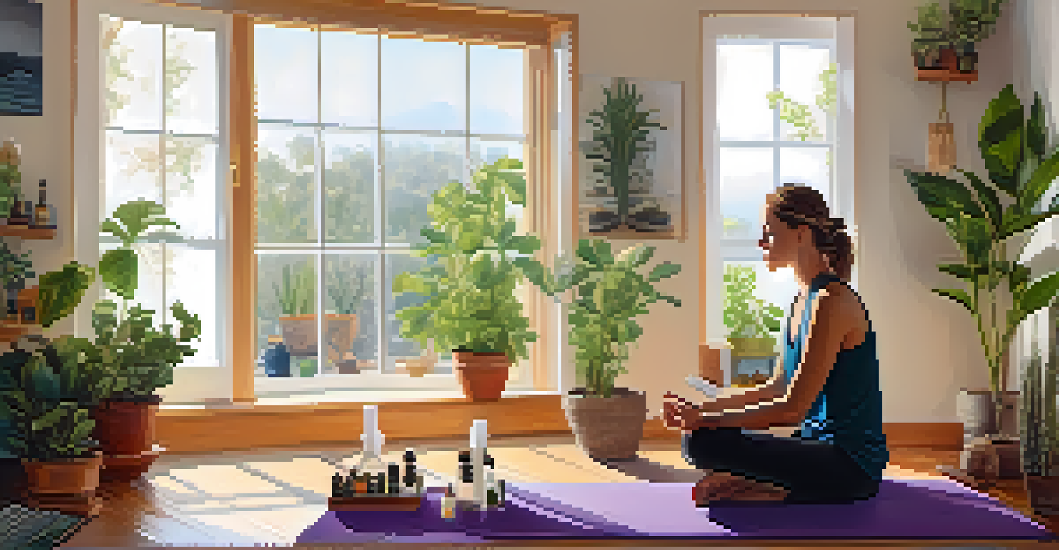 A person practicing wellness on a yoga mat, surrounded by essential oils and homeopathic remedies, writing in a journal with plants around them.