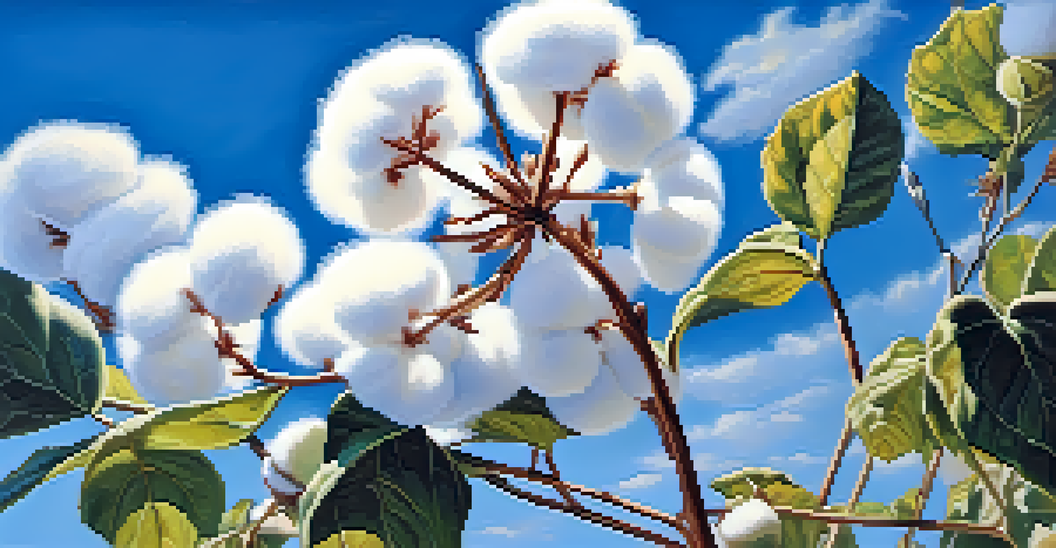 A cotton plant in bloom with white cotton bolls under a blue sky, surrounded by green leaves.