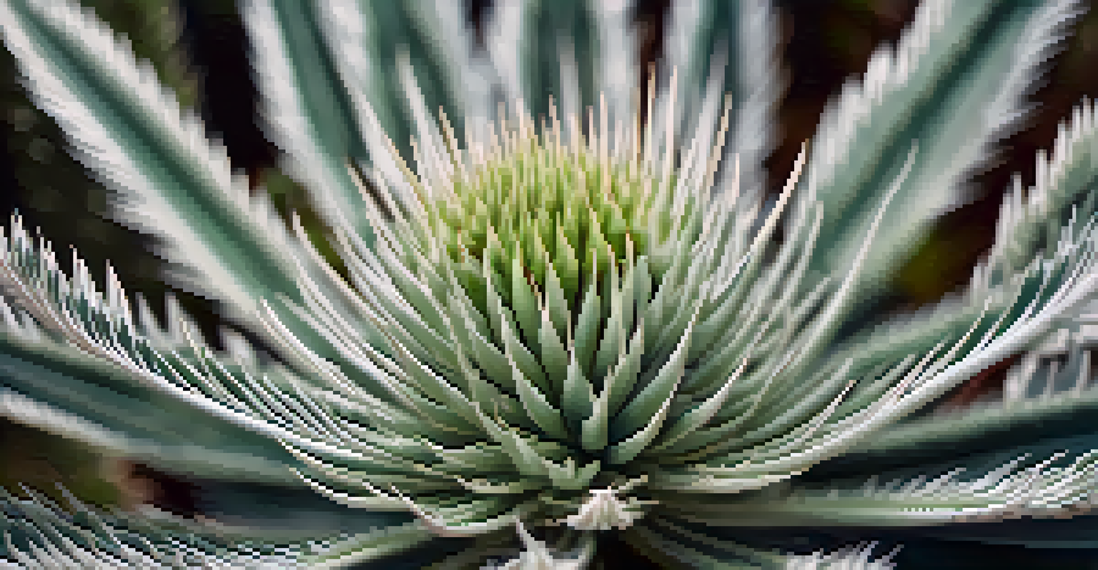 Close-up of the endangered Hawaiian silversword plant, displaying its silver-green foliage and intricate flowers, with a softly blurred background.