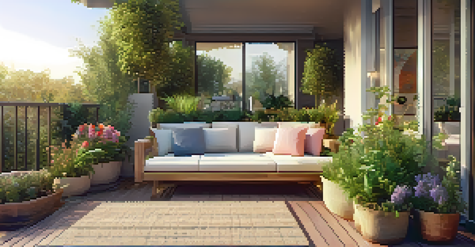 A mindfulness garden on a balcony with colorful plants and a cozy seating area, inviting relaxation.