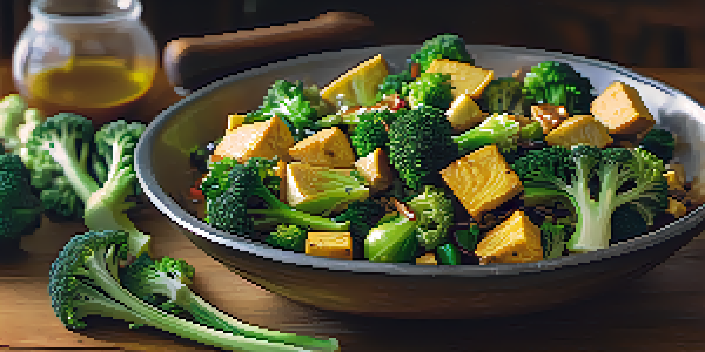 A colorful stir-fry with broccoli, Brussels sprouts, kale, and tofu on a wooden table, illuminated by natural sunlight.