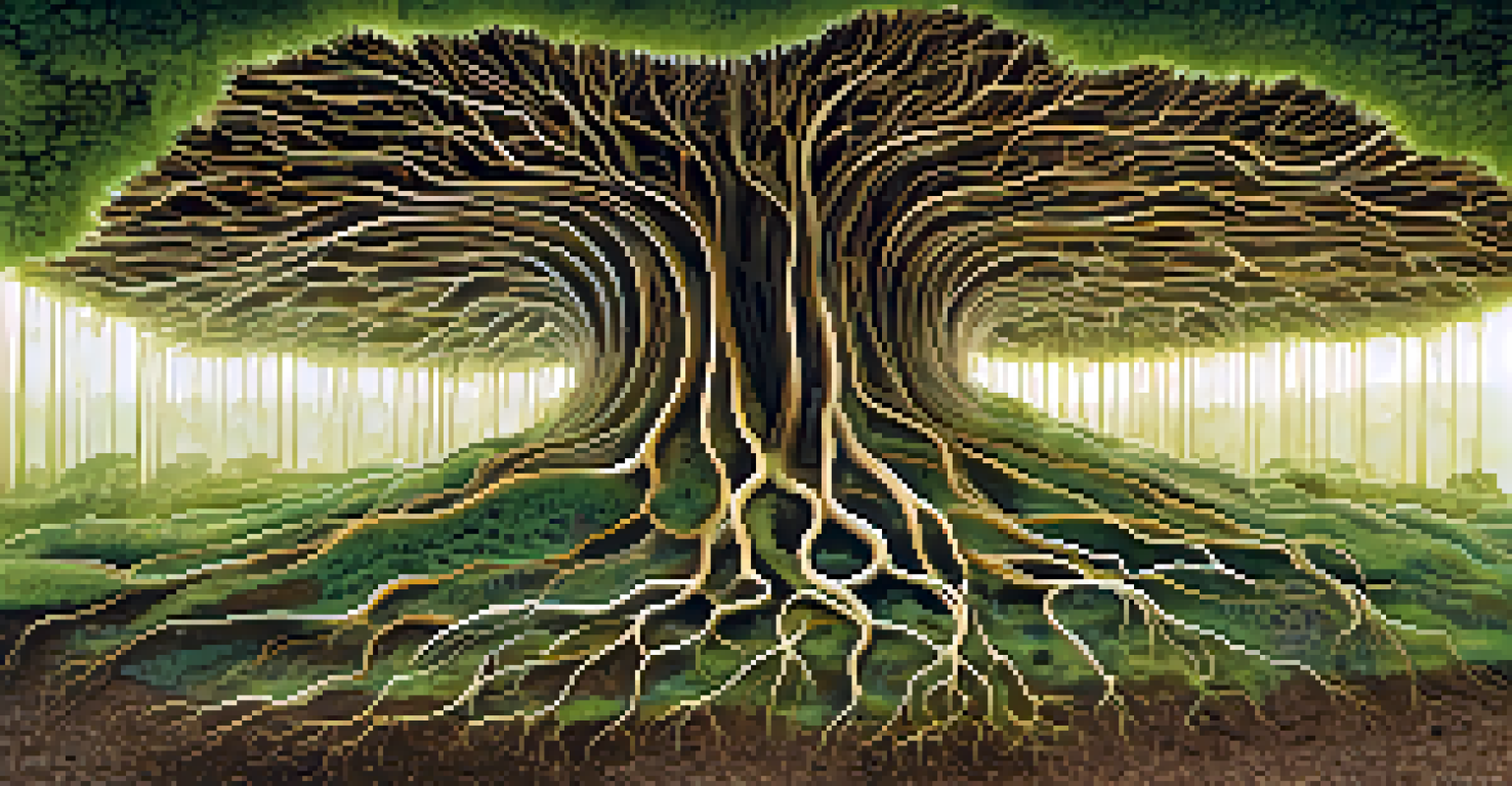 An illustration of a mycorrhizal network showing plant roots connected to glowing fungal mycelium in the soil.