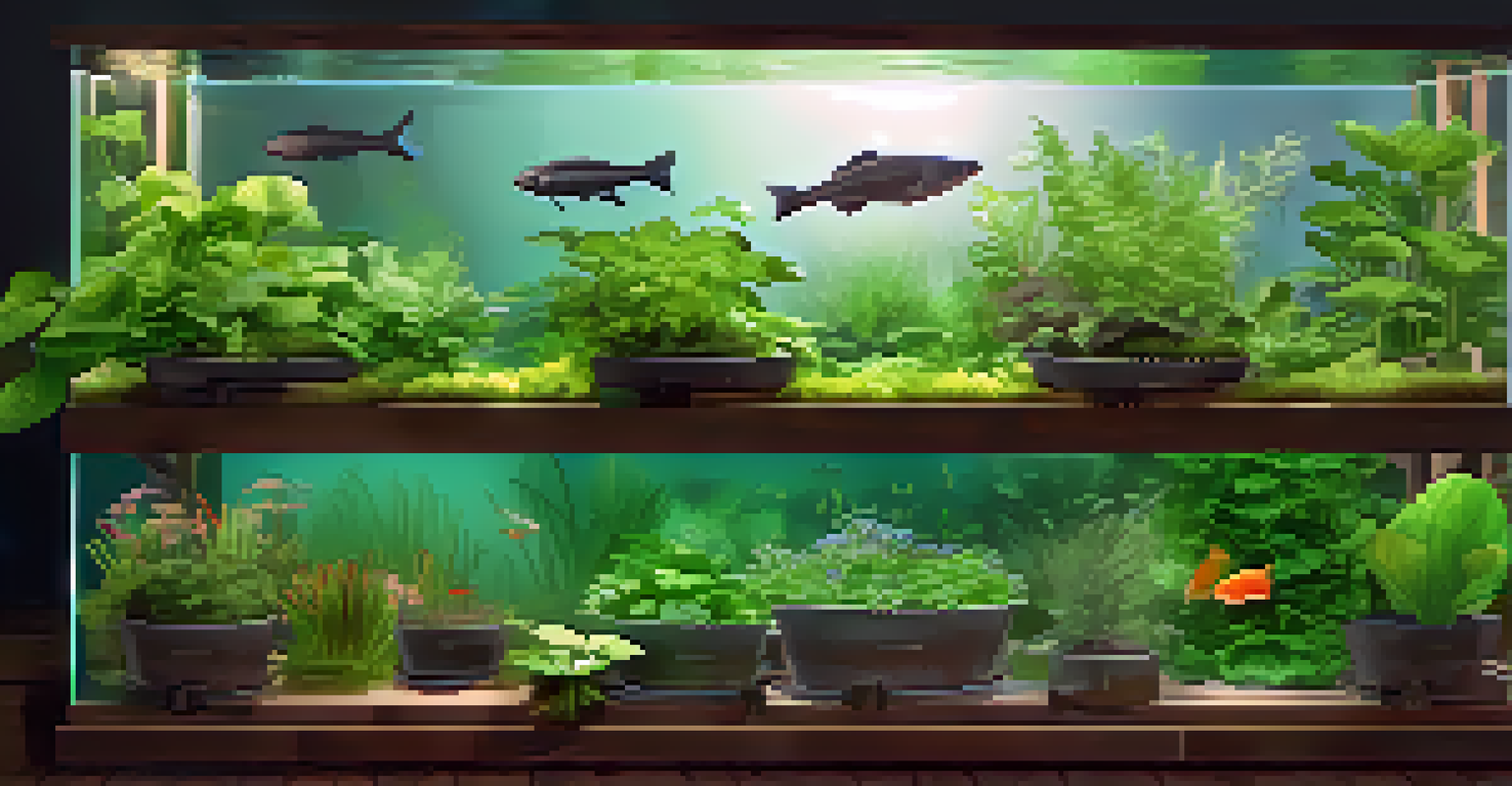 An indoor aquaponics setup with catfish in a clear tank and herbs growing above, in a cozy and well-lit environment.