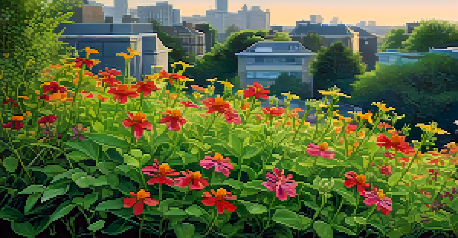 Close-up of blooming native wildflowers on a green roof, with dew on the petals and a blurred background.