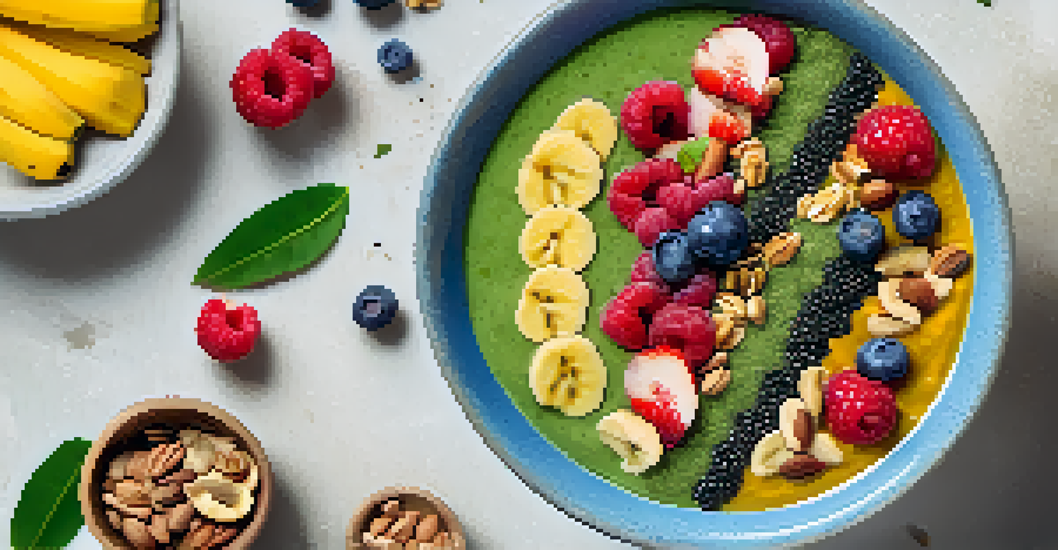 Smoothie bowl with Moringa powder, fruits, and seeds on a light table.