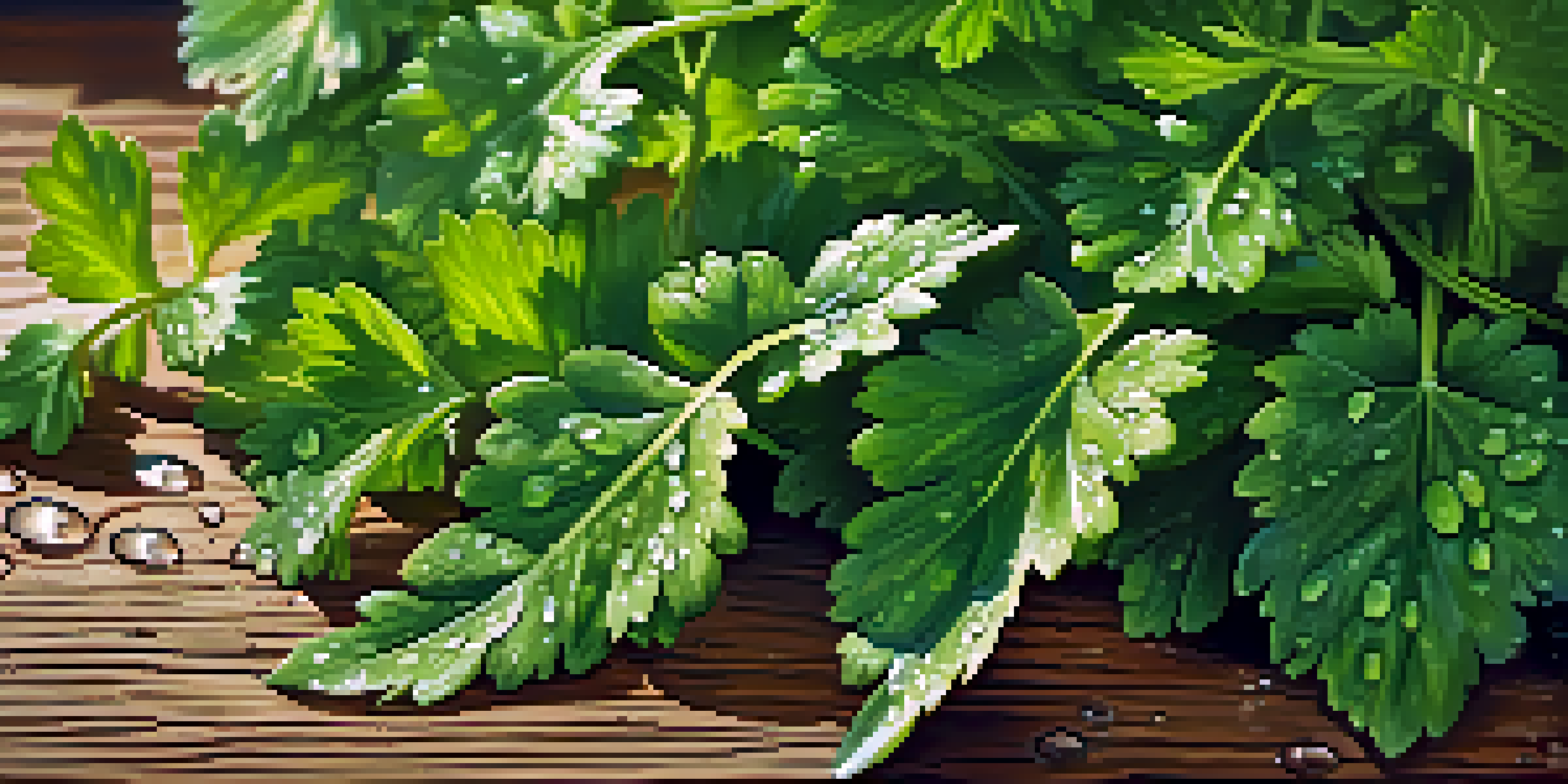 Close-up of fresh cilantro leaves with water droplets against a wooden background, illuminated by sunlight.