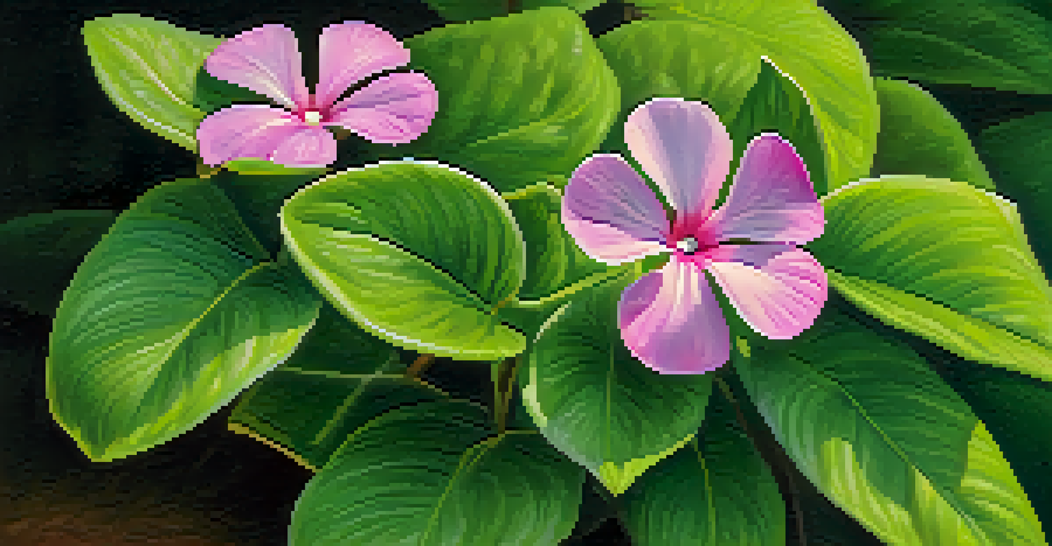 Close-up of Madagascar periwinkle flowers with green leaves in a natural setting, illuminated by soft sunlight.