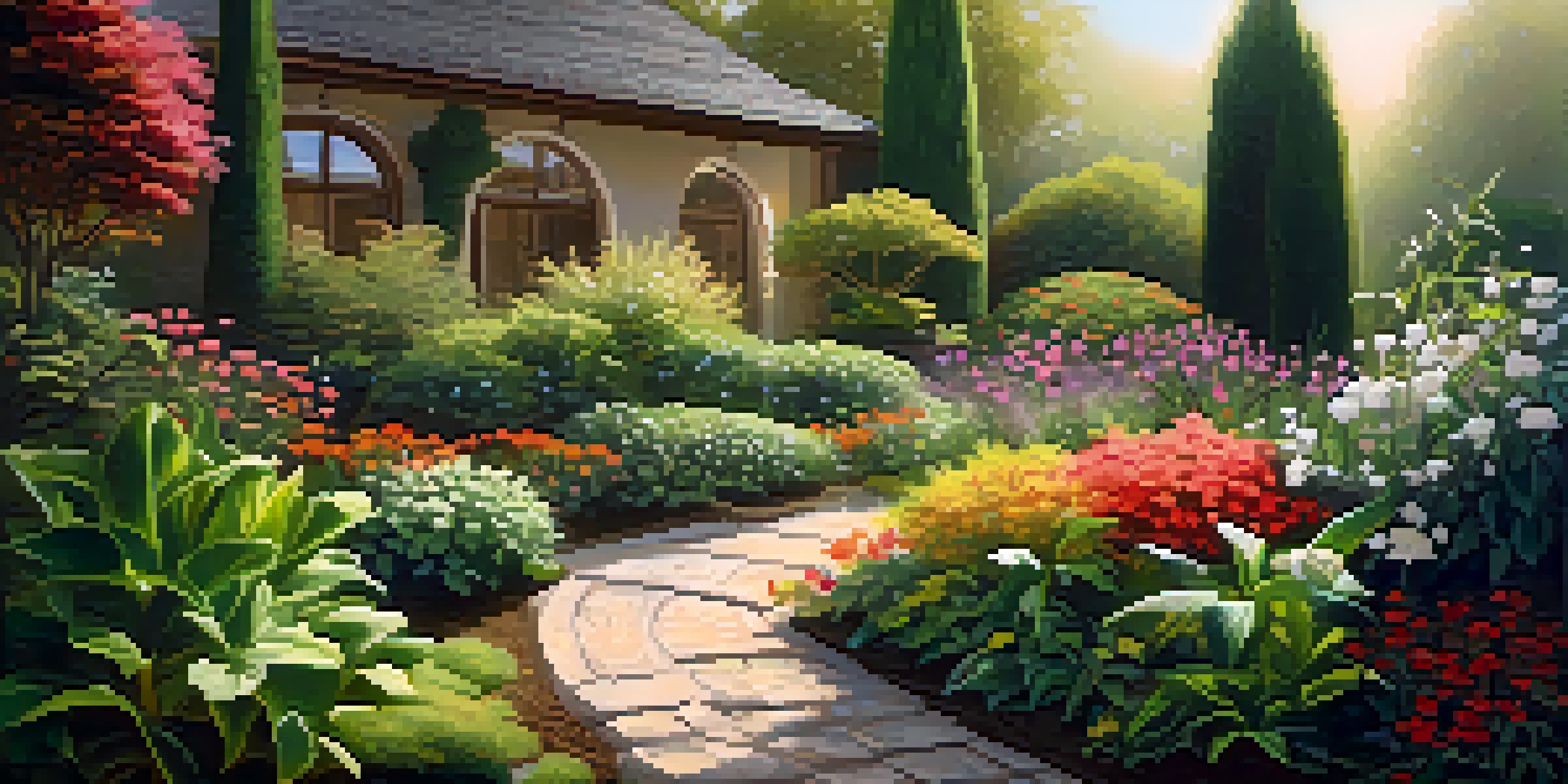 Lush garden scene with healthy plants, vibrant flowers, and a water tray for humidity.