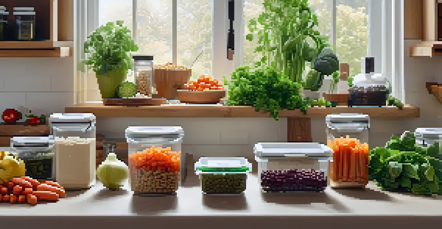 A meal prep station with jars of legumes, fresh fruits, and chopped vegetables on a countertop.