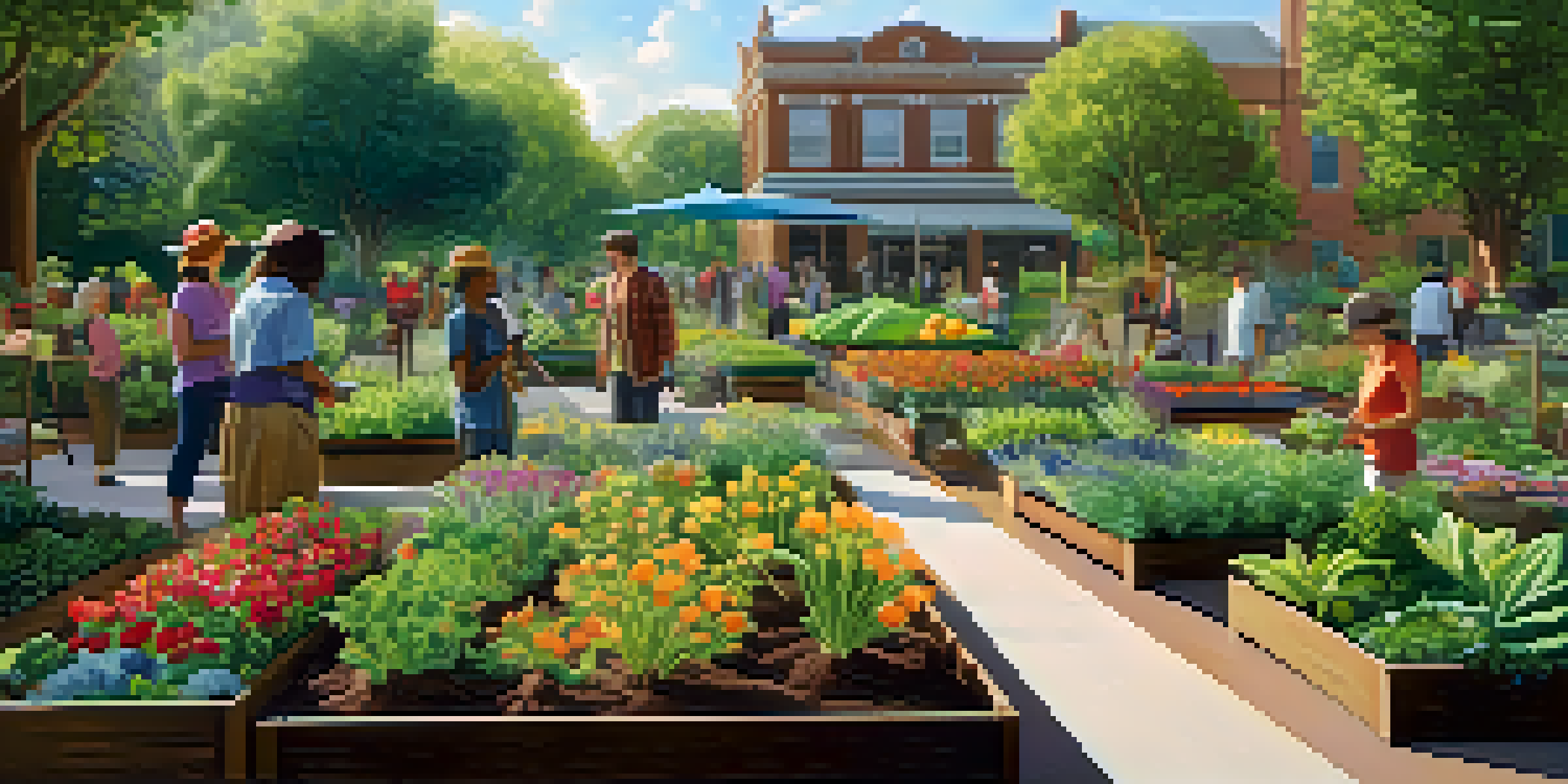 A lively botanical garden with a variety of colorful plants and flowers, where people engage in a gardening workshop under soft sunlight.