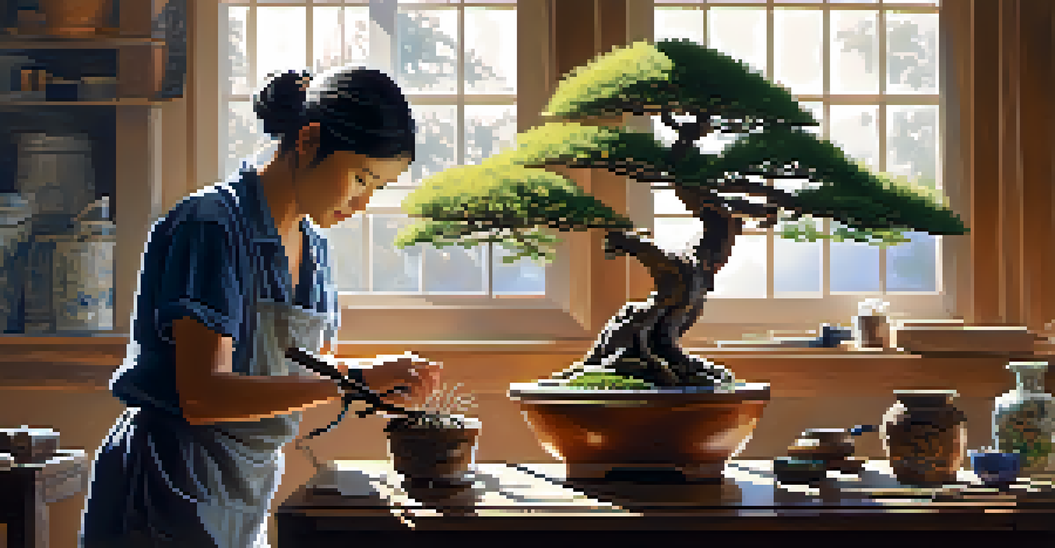 An artist tending to a bonsai tree in a sunlit workshop, highlighting their careful pruning technique.