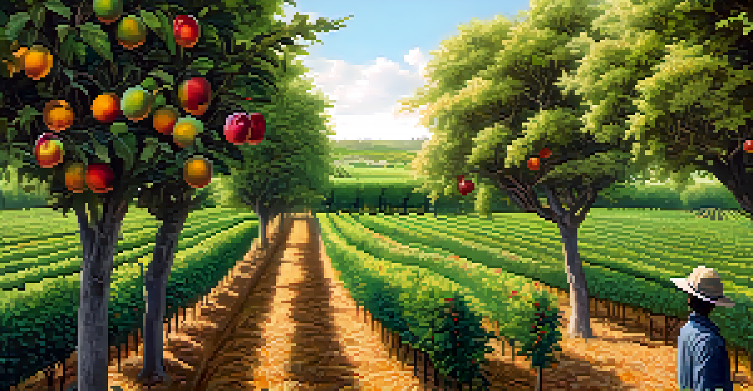 A farmer working in a colorful agroforestry setting with fruit trees and crops, surrounded by birds.