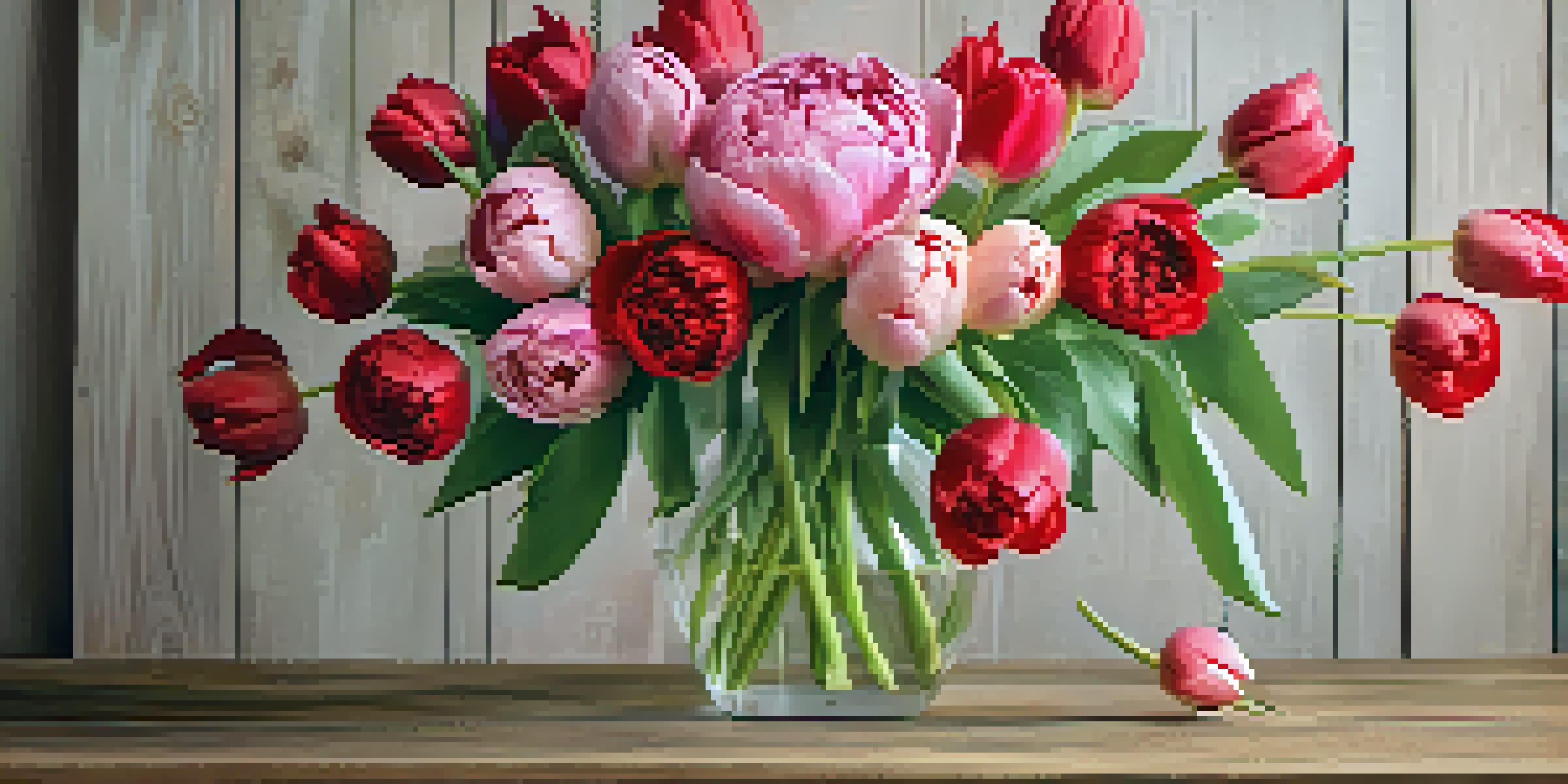 A symmetrical floral bouquet with red roses, pink tulips, and a central peony on a wooden table, illuminated by warm lighting.