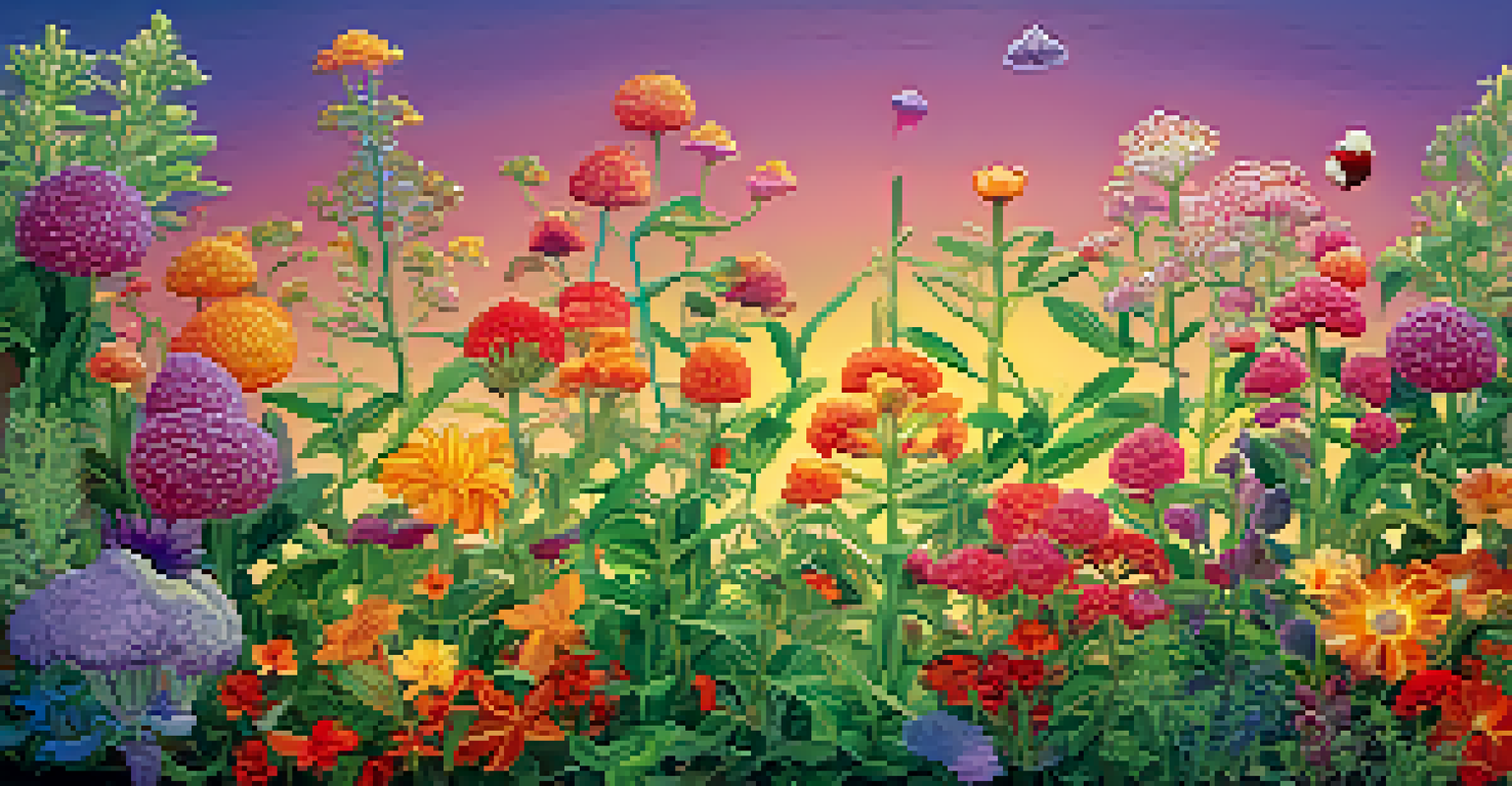 An artistic illustration of plant hormones interacting with flowers, with a colorful background representing environmental factors.