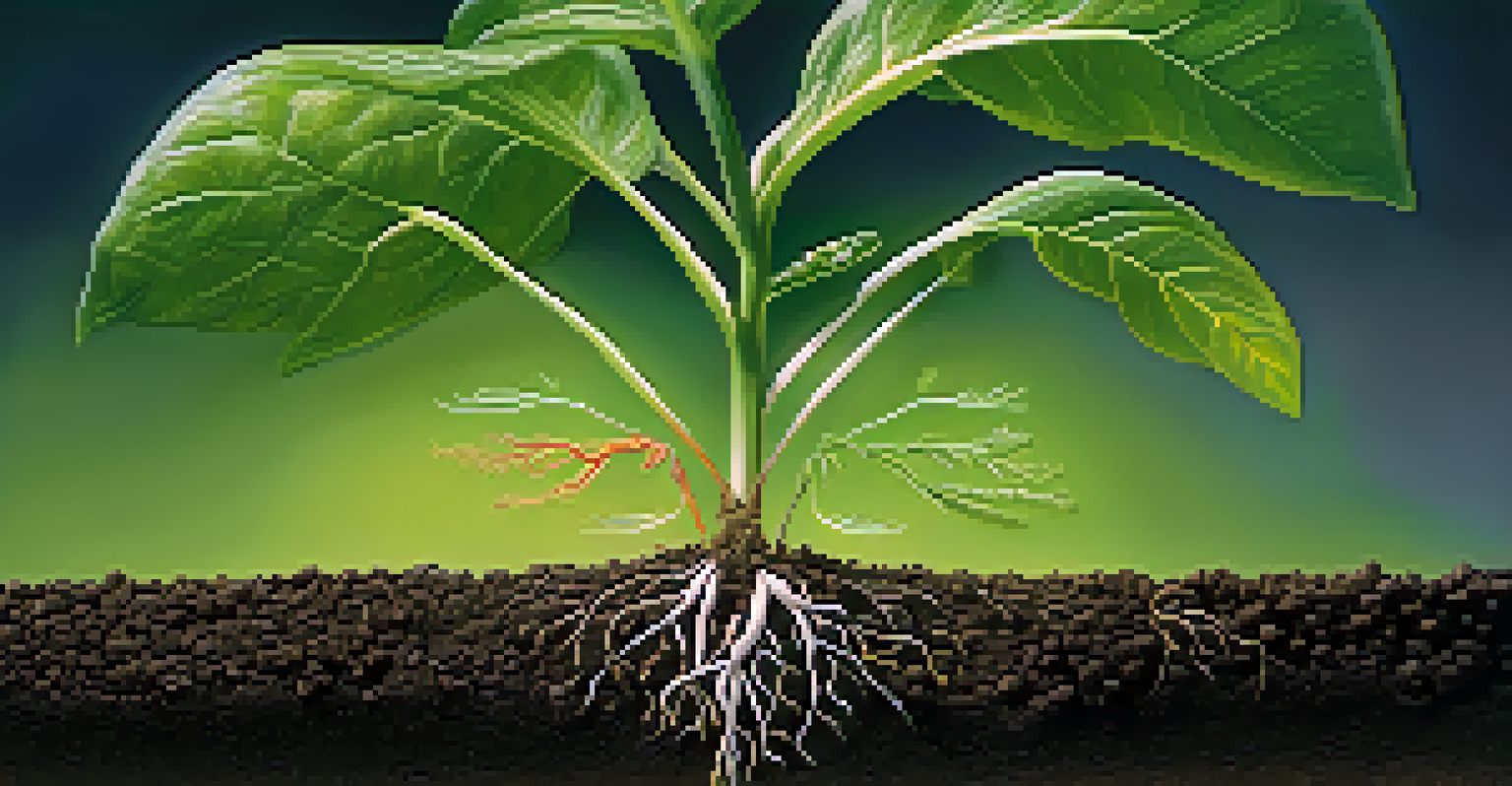 An artistic split image showing a plant bending towards light and roots developing in soil, illustrating plant hormones.