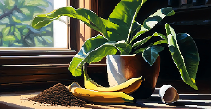 A close-up view of an indoor plant with natural fertilizers like banana peels and eggshells around it, illuminated by sunlight.
