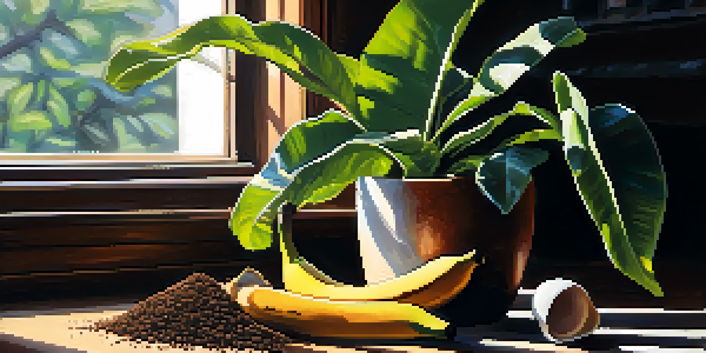 A close-up view of an indoor plant with natural fertilizers like banana peels and eggshells around it, illuminated by sunlight.