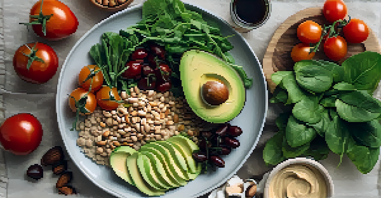 An overhead view of a plant-based platter with leafy greens, avocados, tomatoes, nuts, and hummus, accompanied by whole grain bread on a light tablecloth.