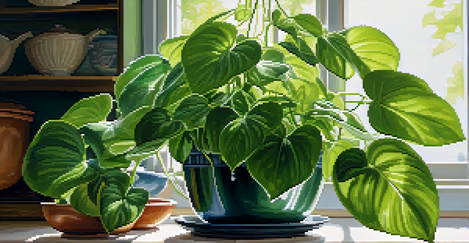 Close-up of a Pothos plant with heart-shaped leaves, glistening with water droplets in a sunlit kitchen background.