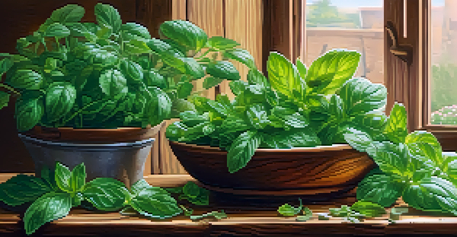 Freshly harvested herbs like basil and mint on a wooden table with scissors and a bowl.