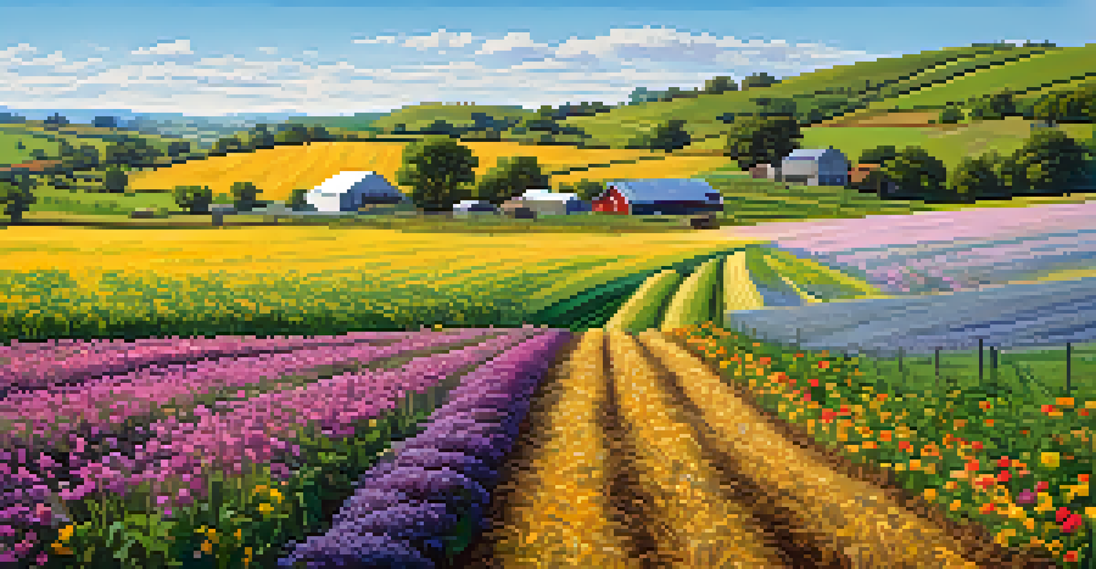 A panoramic farm scene with diverse cover crops, showcasing a harmonious and sustainable agricultural environment with pollinators.