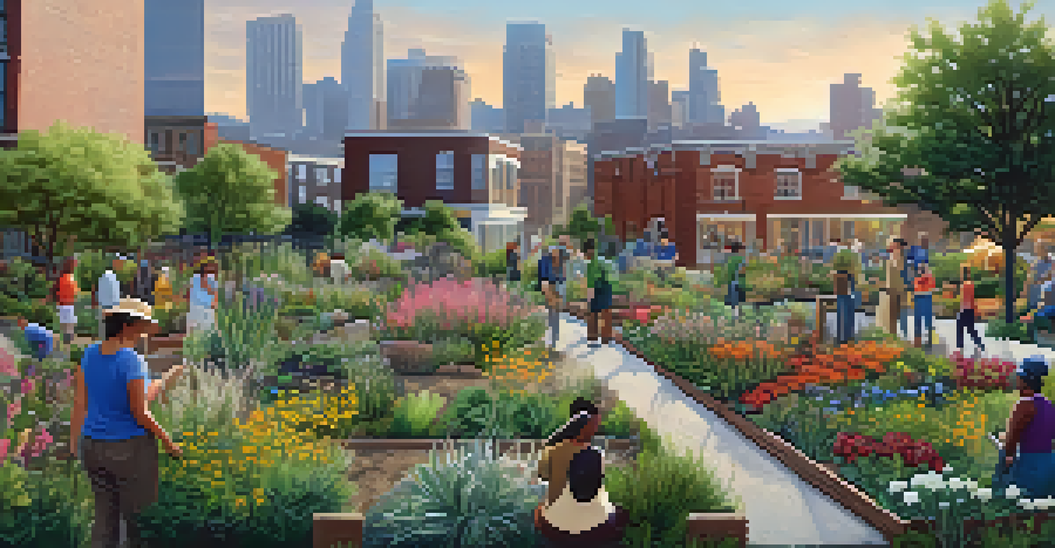 A community garden with diverse people planting native plants, featuring colorful wildflowers and a backdrop of urban buildings.