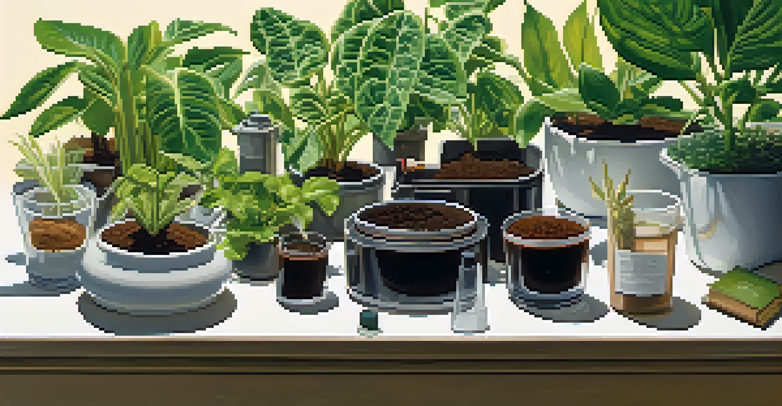 A soil test kit next to houseplants, highlighting a plant with yellowing leaves.